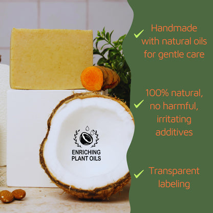 turmeric soap organic with a coconut shell and carrot on a white background, featuring text about natural ingredients.